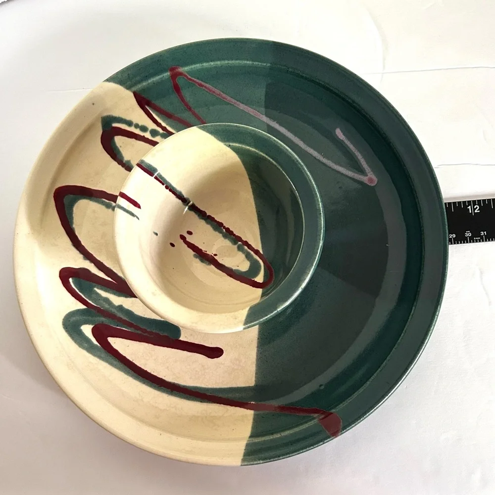 Chips and Salsa ArtisanStudio Pottery Serving Dish Jade Green Cream and Burgundy